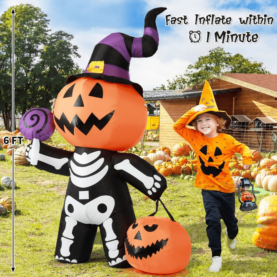 6FT Pumpkin Skeleton Inflatable – Giant Halloween Yard Decor