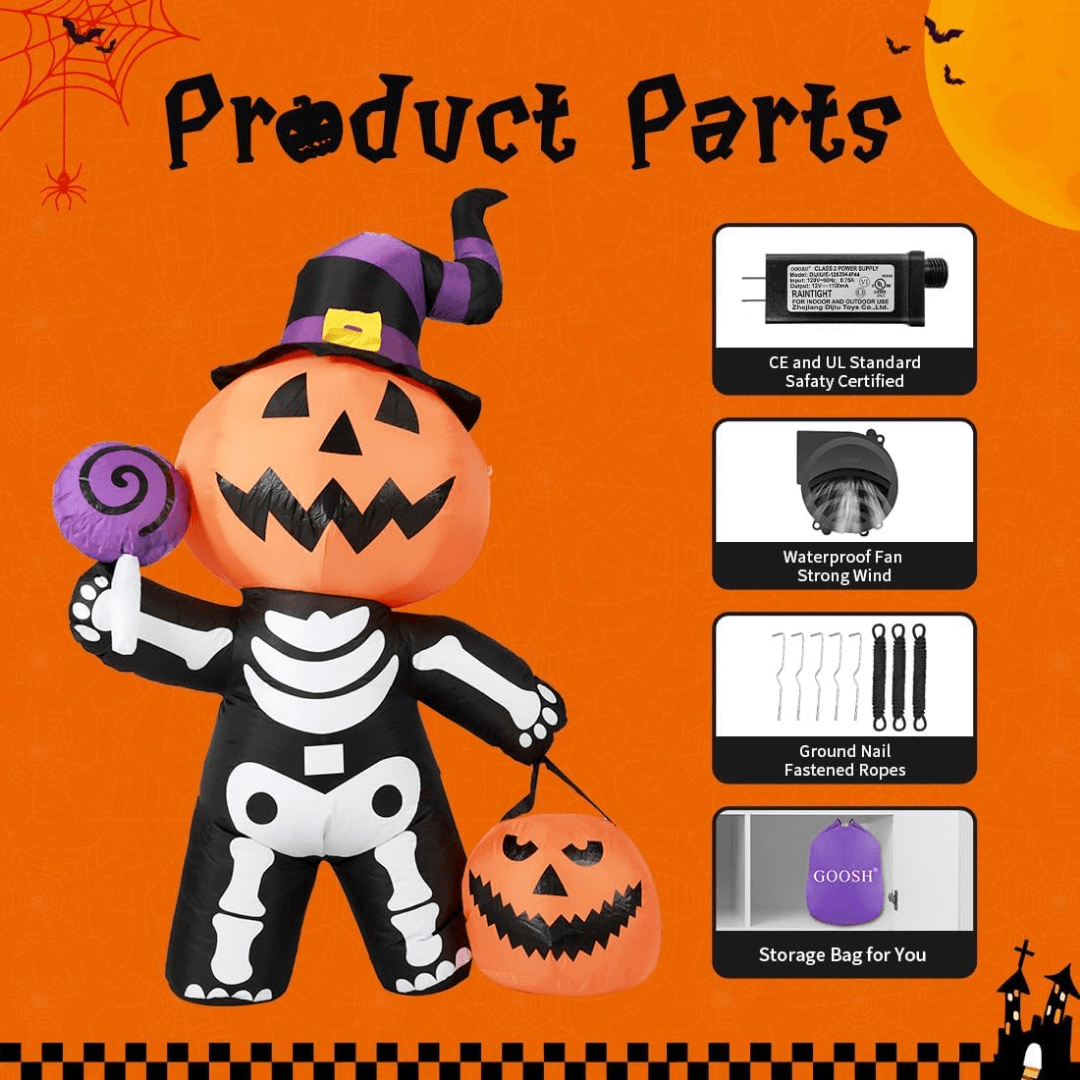 6FT Pumpkin Skeleton Inflatable – Giant Halloween Yard Decor