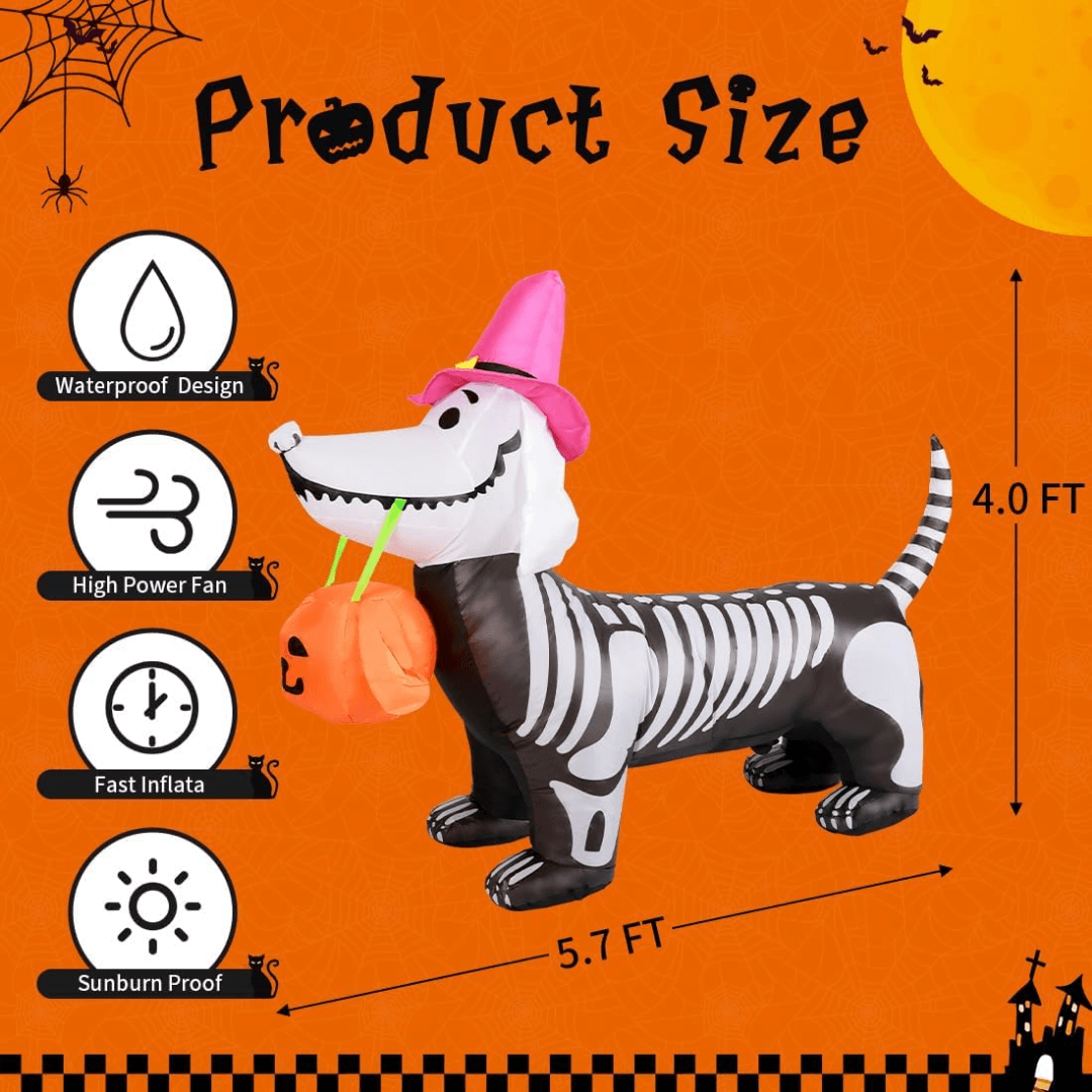 Skeleton Weiner Dog Halloween Inflatable – 5.5 FT with LED Lights