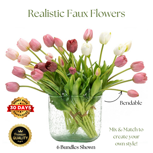 A set of lifelike faux tulips in various pink shades, displayed in a clear vase. The packaging indicates the flowers are bendable and can be mixed and matched to create your own style.