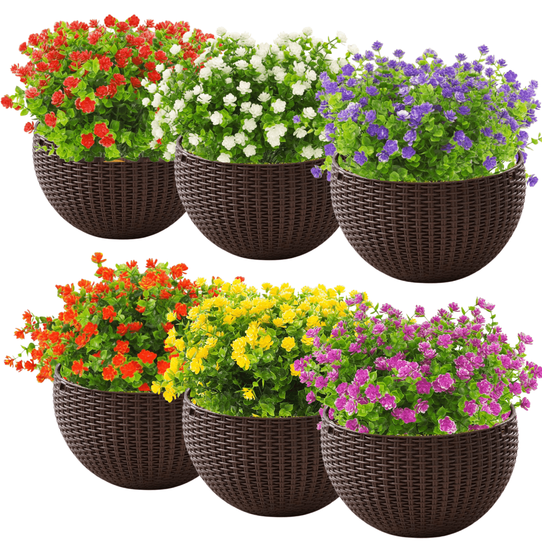 Set of six wicker planters with colorful flowers on a white background