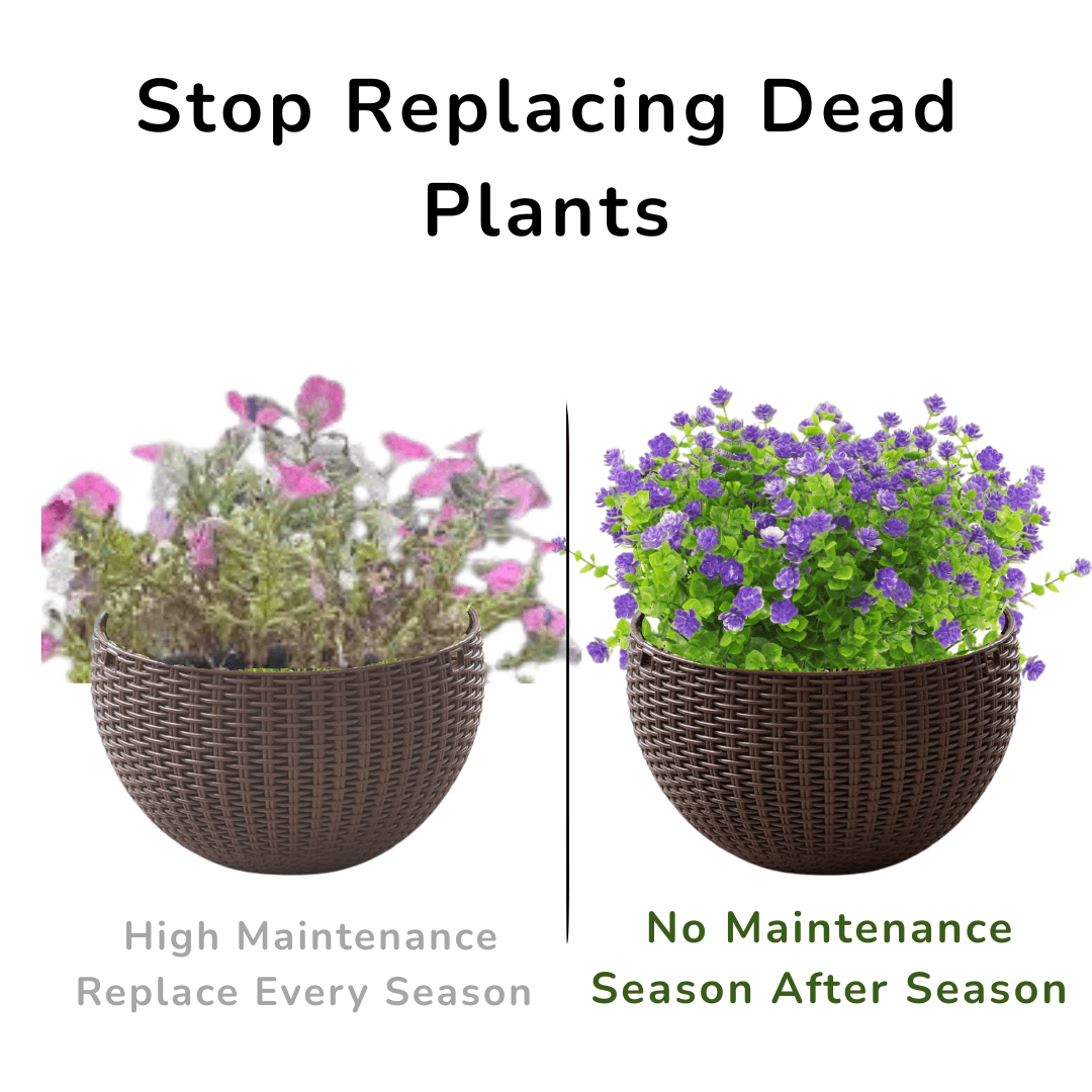 Two planters with flowers, one labeled 'High Maintenance' and the other 'No Maintenance'.