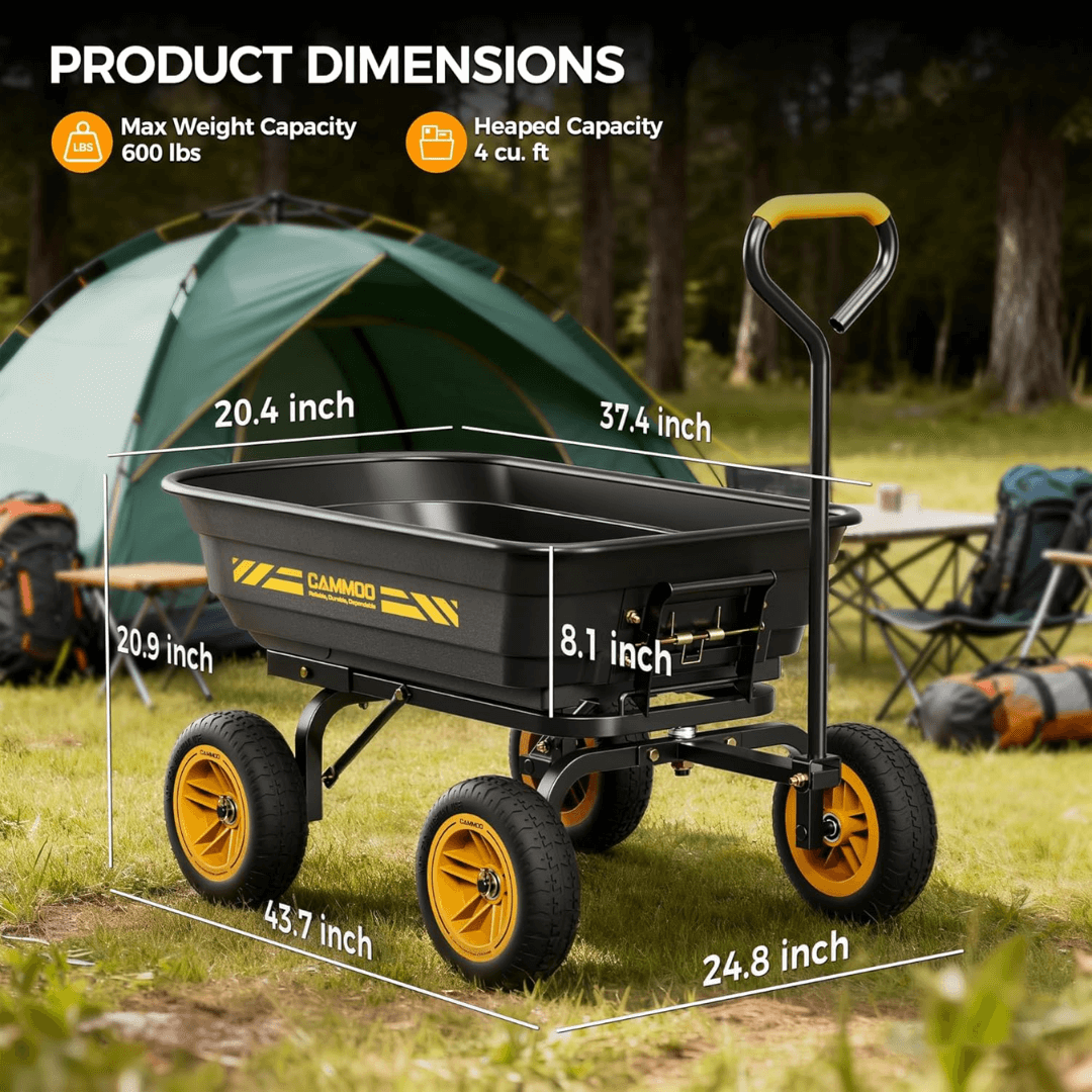 600lb Heavy-Duty Garden Dump Cart – 10” No-Flat Tires