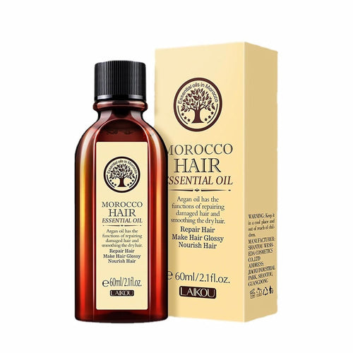 A bottle of Morocco Hair Essential Oil next to its packaging box.